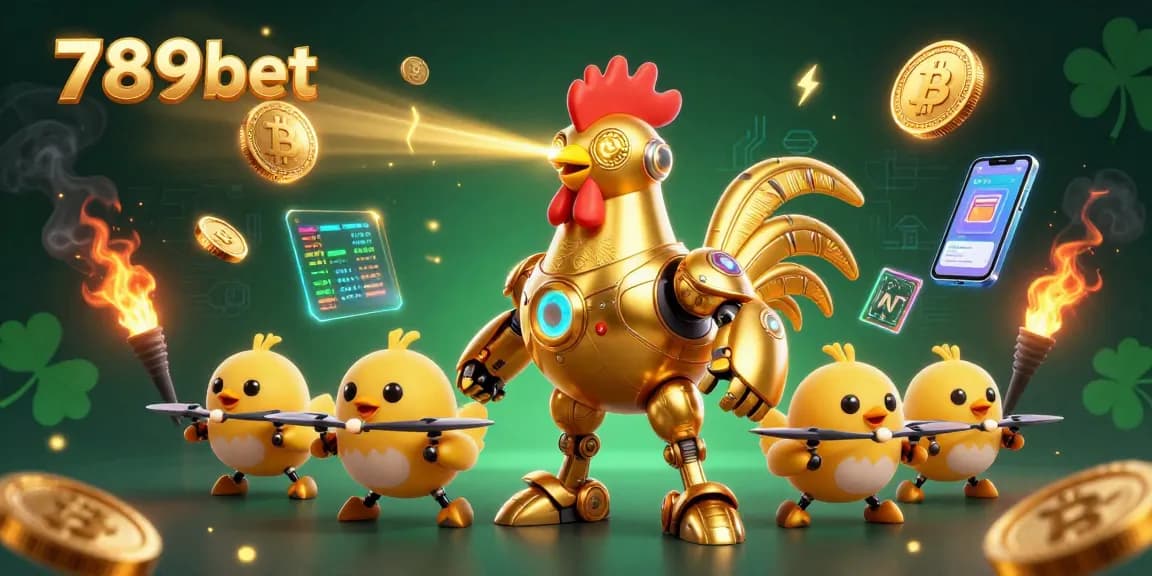 Experience exhilarating gameplay at 789bet with dynamic 3D illustrations featuring golden rooster robot and engaging casino elements.