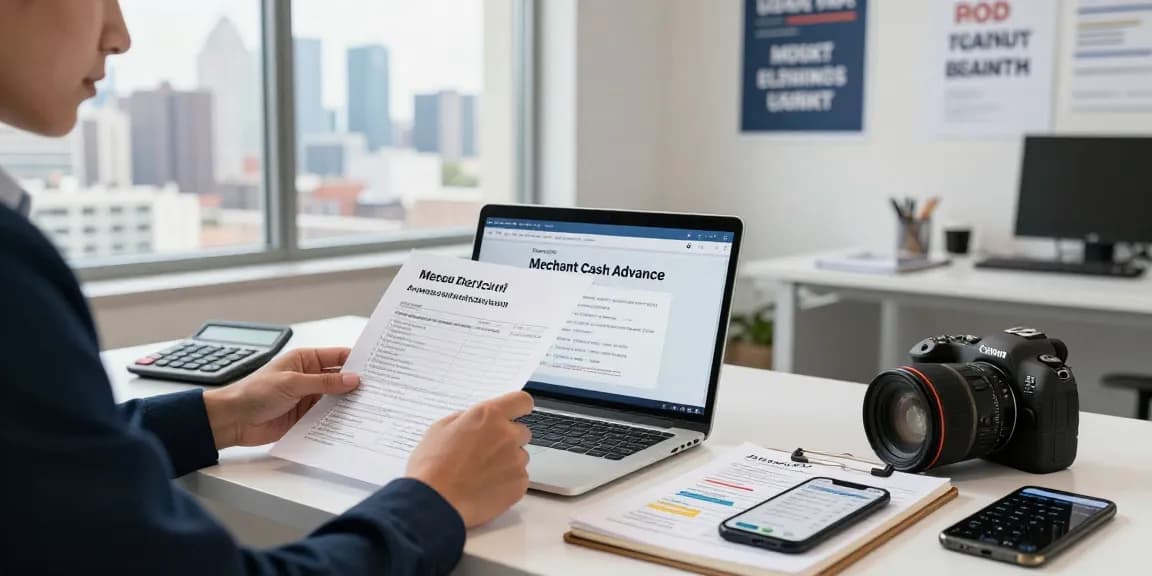 Entrepreneur applying for a same day merchant cash advance in a modern office setting, focused and organized.