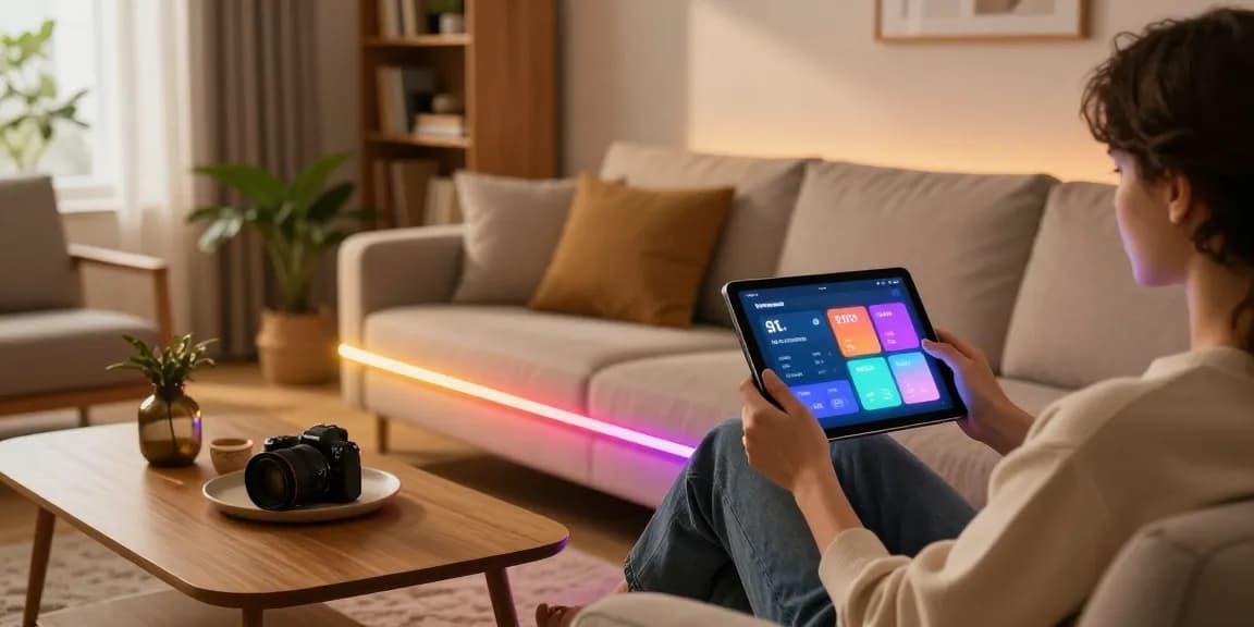 Benzi LED iluminând un living modern, cu o persoană relaxându-se pe canapea.