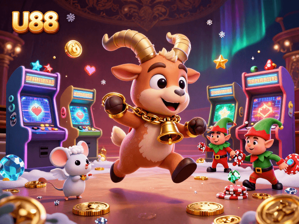 U88 players engage in lively games at a festive casino run by Krampus and his quirky friends.