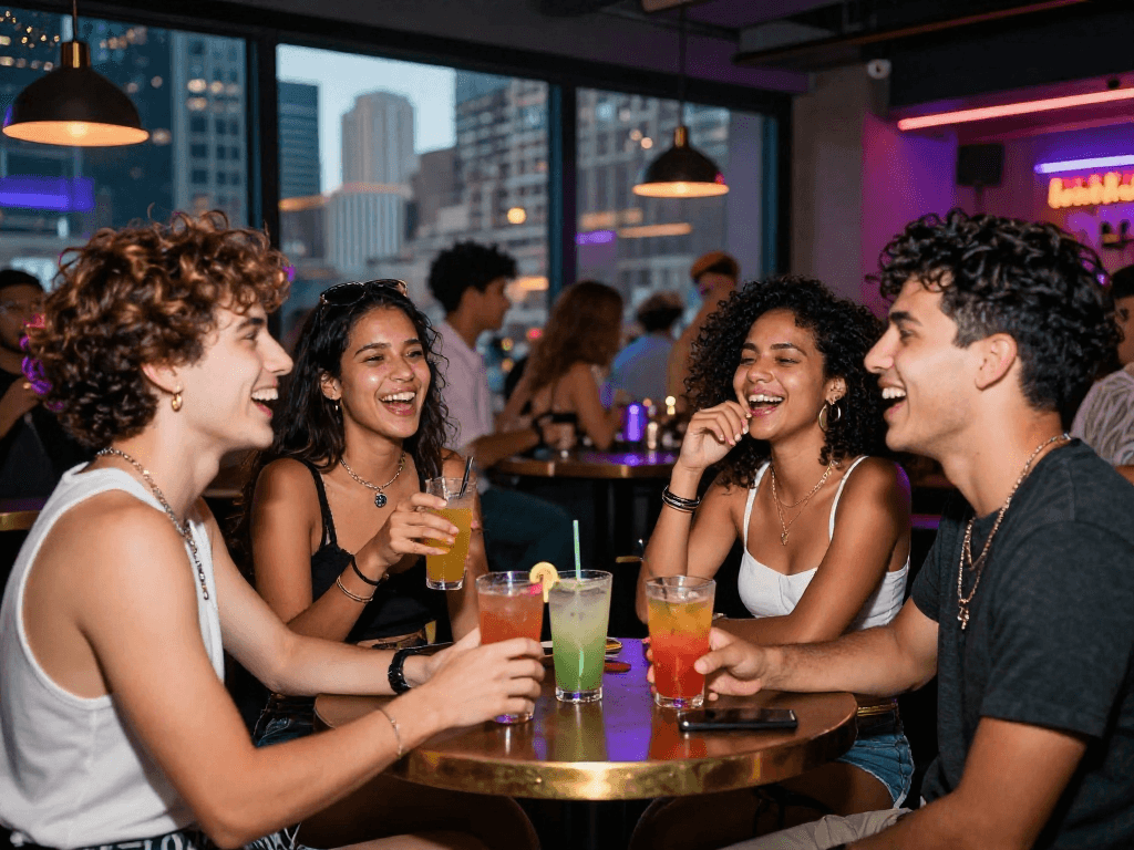 Gái gọi tạo không khí sôi động tại quán bar đô thị với bạn bè đang vui vẻ.