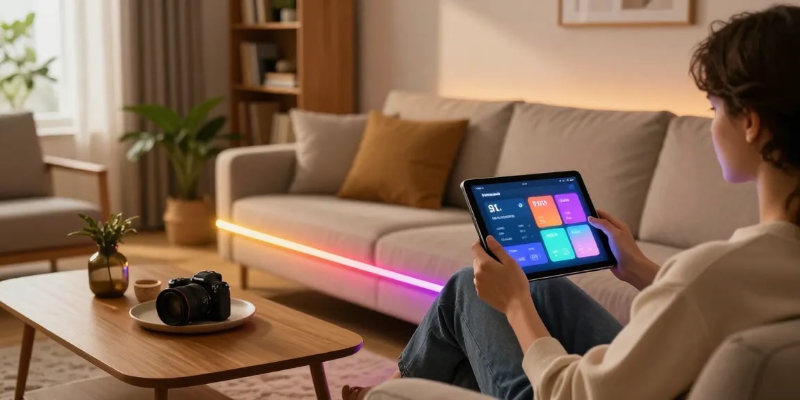 Benzi LED iluminând un living modern, cu o persoană relaxându-se pe canapea.