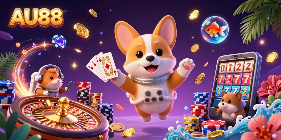 Engage with AU88's premium gaming experience featuring floating characters and rich casino elements.
