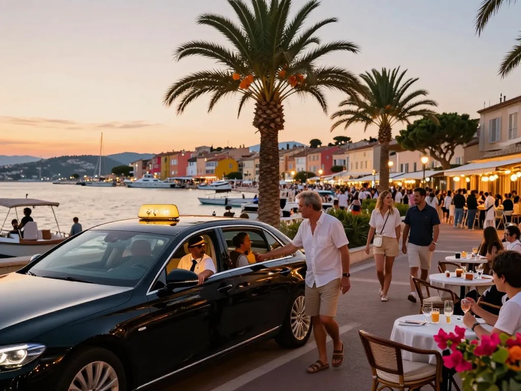 Service de taxi Saint-Tropez, prise en charge sans tracas au coucher du soleil avec un arrière-plan coloré en bord de mer.