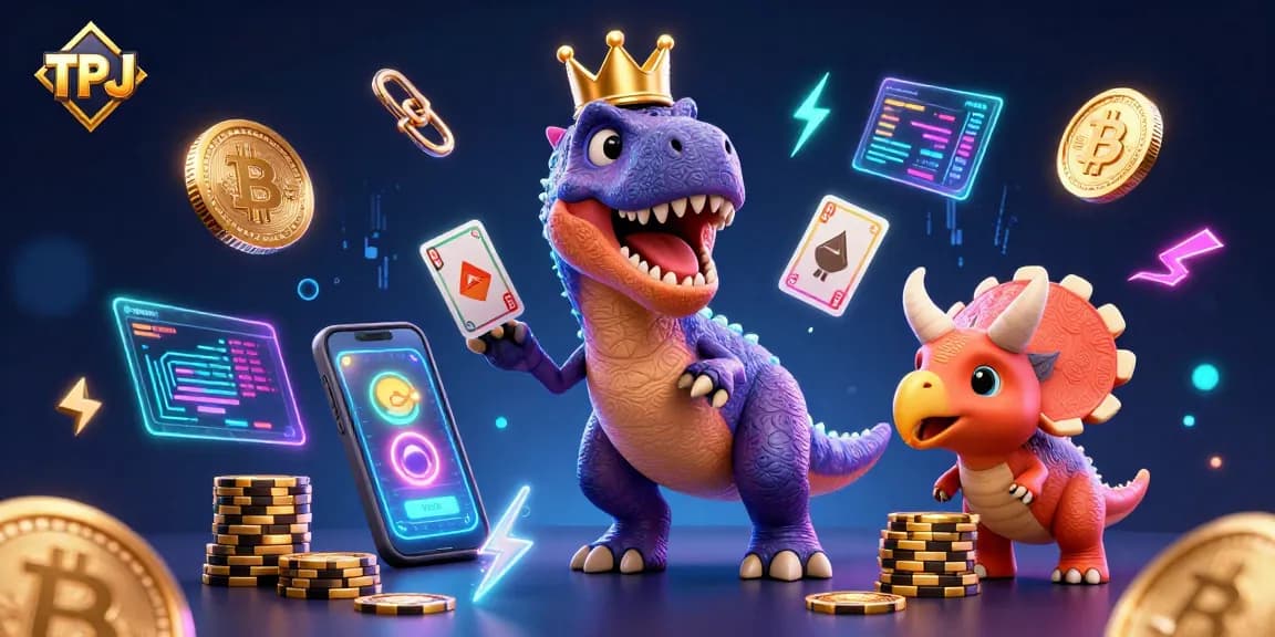 TPJ charming characters shuffle cards while a triceratops stacks chips in a vibrant casino scene.