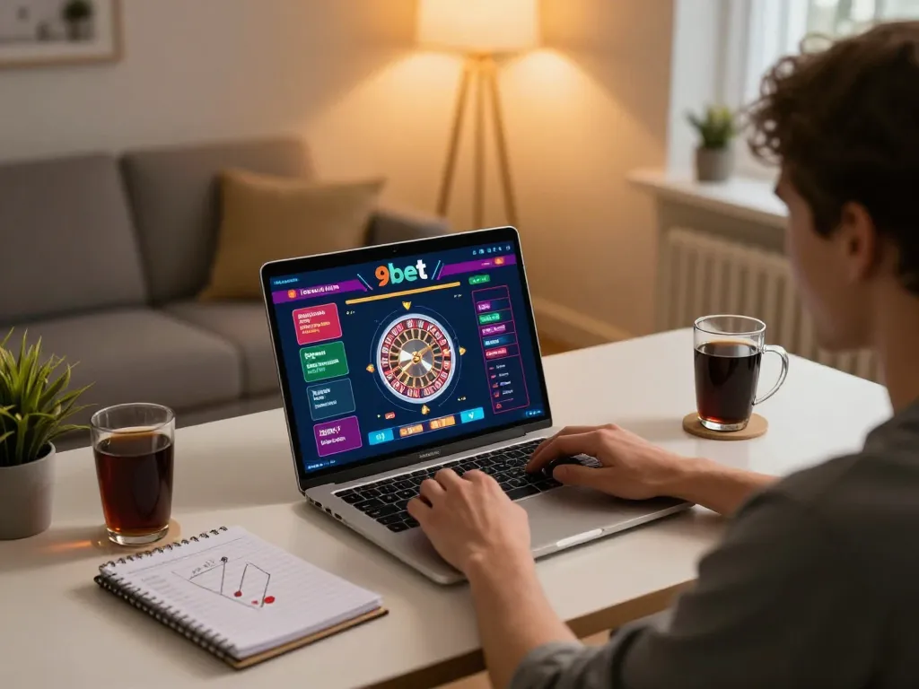 Engaged player enjoying live roulette on 9bet in a cozy home office setup