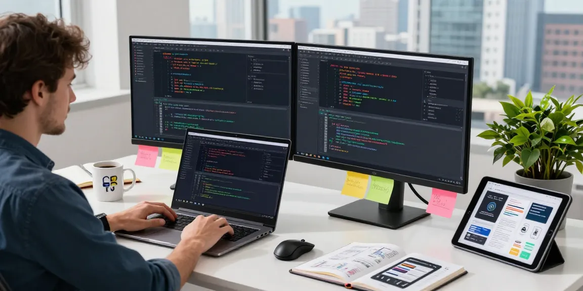 Innovative workspace with a developer coding on telegraimin.com, showcasing modern tech setup and energetic atmosphere.