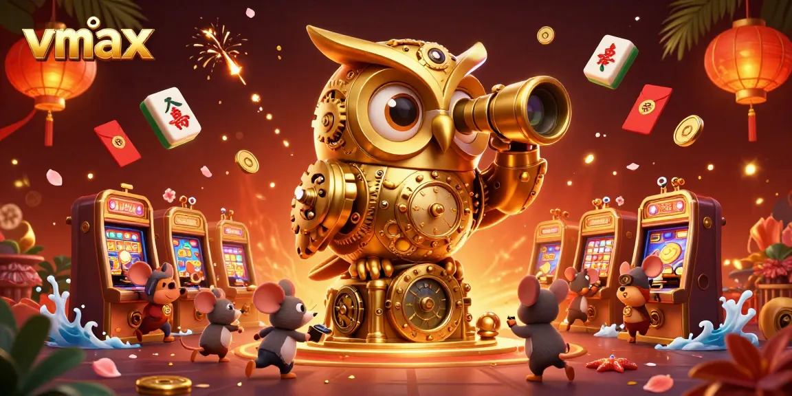 Engage in vibrant casino fun at vmax with a whimsical golden owl and lively patrons, capturing thrilling moments.