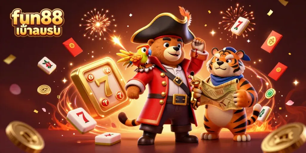 Engage with fun88 เข้าระบบ, experiencing an exciting casino adventure in a vibrant 3D illustration of a pirate-themed scene.