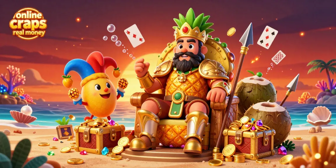 Engage in online craps real money gameplay amidst a vibrant 3D casino scene featuring a golden pineapple king and dynamic objects.