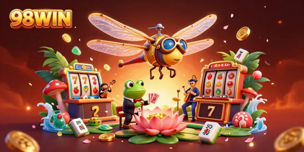 Engage with 98WIN's lively casino atmosphere featuring vibrant characters and slot games.