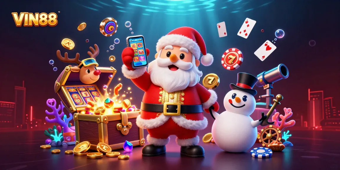 Spin the slots with VIN88 as Santa and friends celebrate big wins in this vibrant casino scene.