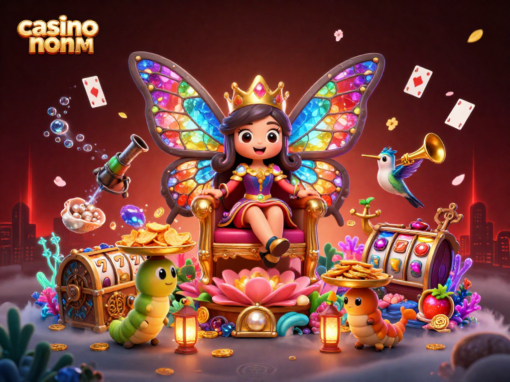 Illustrazione 3D di un regina farfalla su un trono floreale, rappresentante il casino non ADM con simboli del gioco.