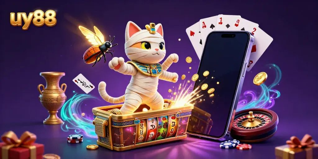 Engage with exciting uy88 gaming experiences as a cartoon mummy cat bursts from a golden sarcophagus in a vibrant casino.