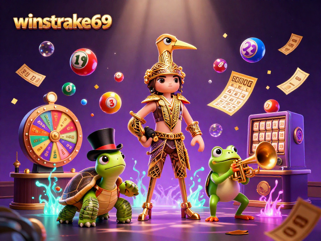 Winstrike69 showcases a vibrant casino scene with a lively crane, turtle, and frog surrounded by dynamic lottery elements.