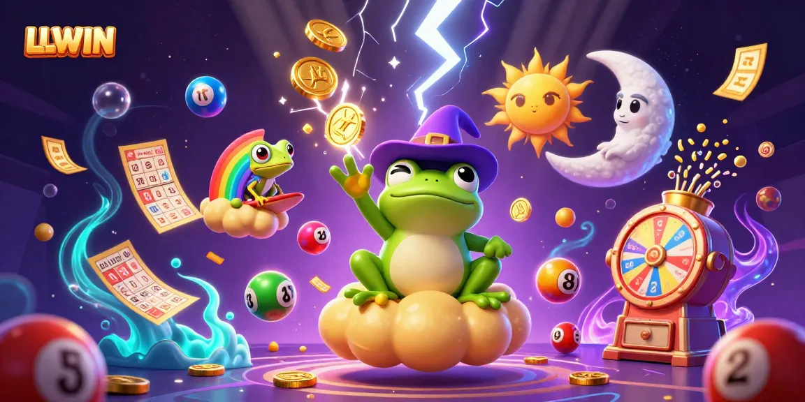 Experience thrilling gameplay with LLWIN in this vibrant 3D illustration featuring a wizard frog surrounded by golden coins.