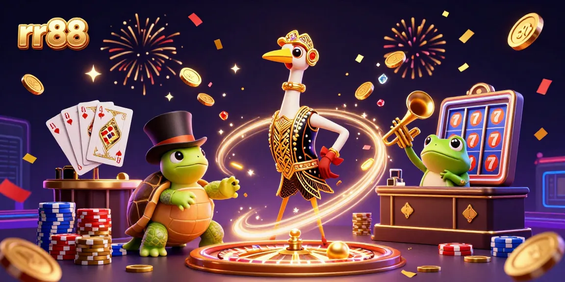 Experience the thrills of rr88 online gaming with a vibrant 3D illustration of casino elements and characters.