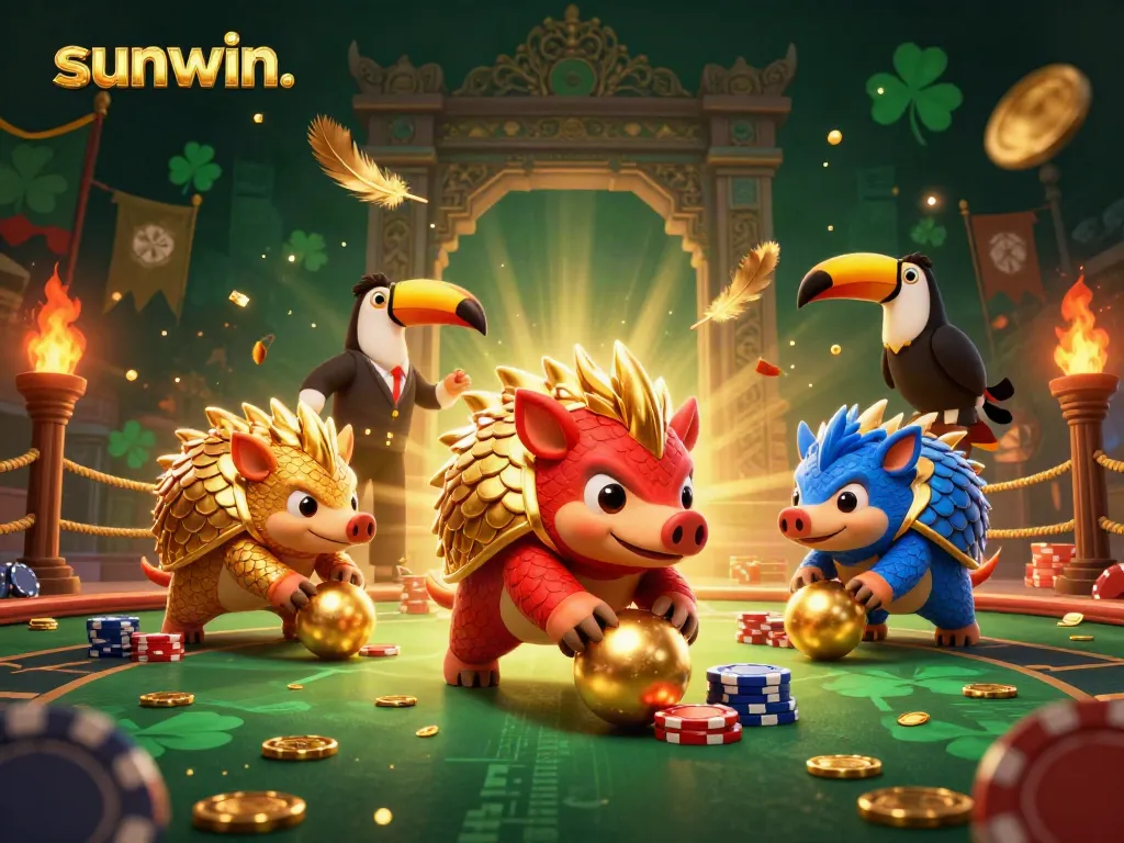 Engaging game scene with sunwin. pangolins competing in a poker chip arena, showcasing animated fun.