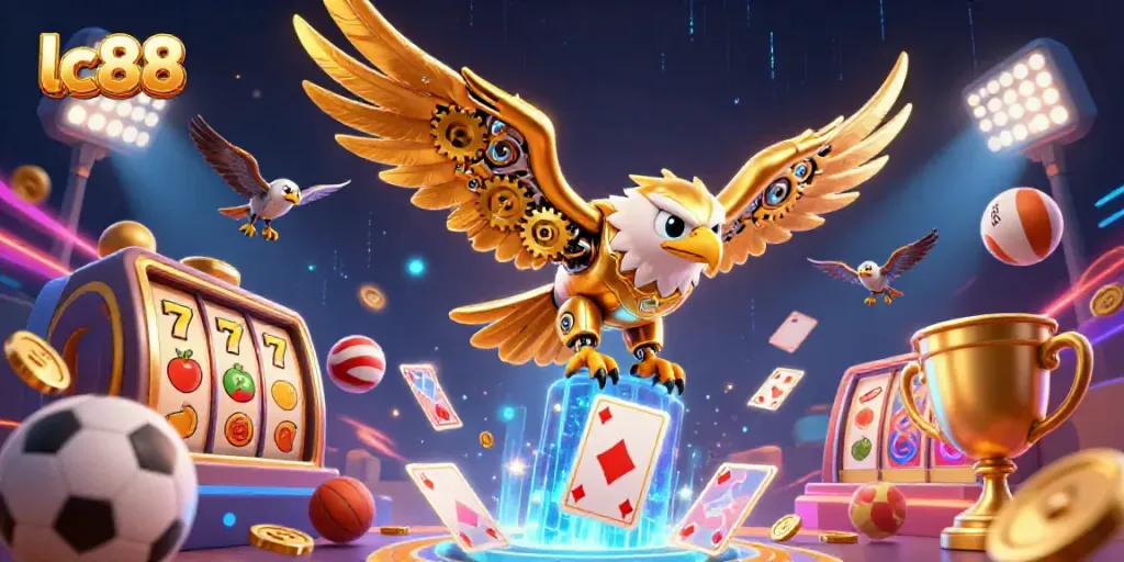 Engage with lc88's dynamic slots and sports betting scene featuring a cybernetic eagle amidst colorful symbols.