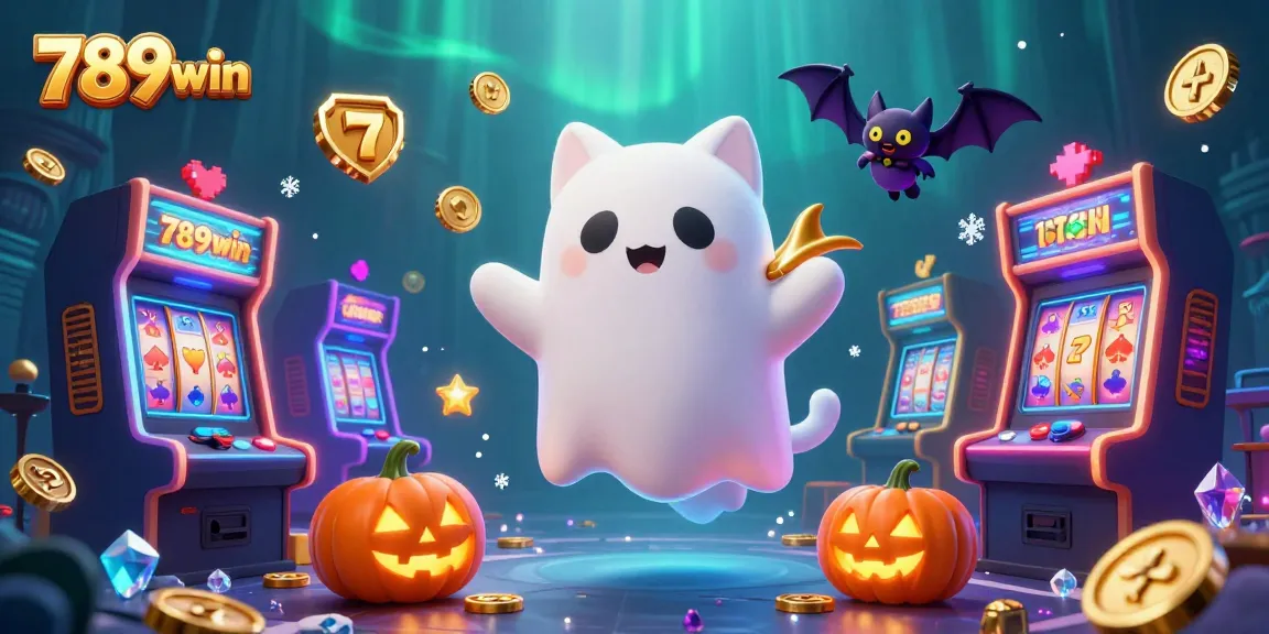 Engage in gaming fun at 789win with a ghost cat and vampire bat in a vibrant casino scene.