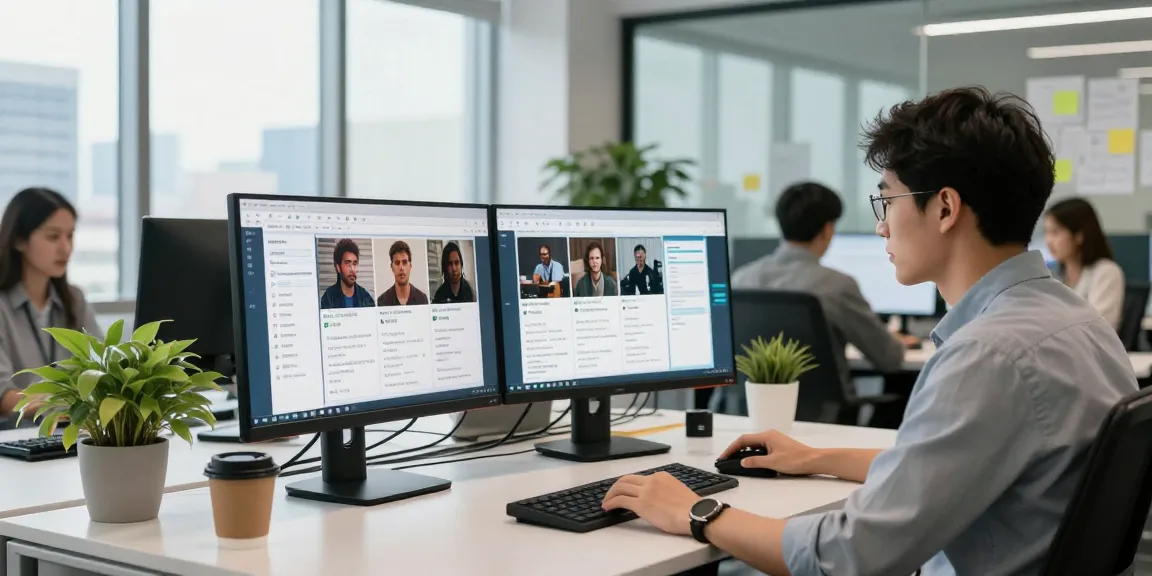 Detect AI image analysis in a high-tech office with a data analyst reviewing content moderation on dual screens.
