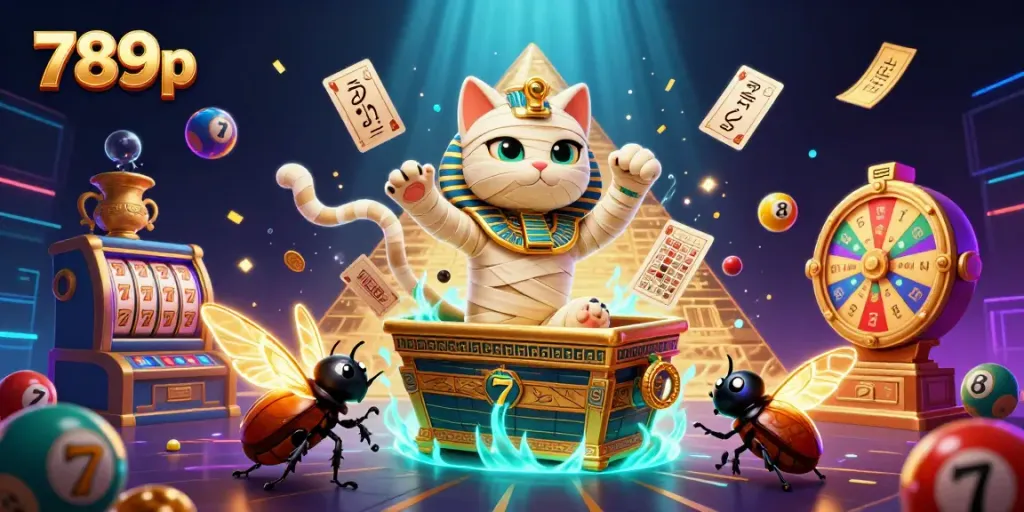 Experience thrilling wins with 789p in a vibrant casino illustration featuring an Egyptian mummy cat.