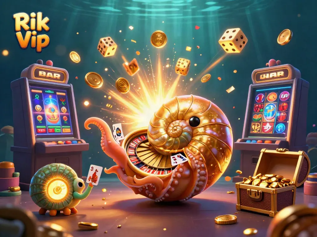 Experience thrilling wins at Rik Vip with a vibrant 3D casino illustration showcasing a giant nautilus and game elements.