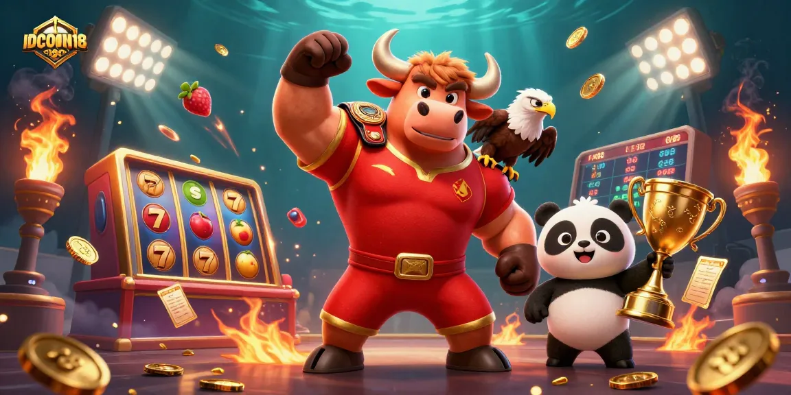 IDCOIN188 celebrates gaming with a vibrant victory scene featuring a bull mascot, eagle, and panda in a dynamic casino backdrop.