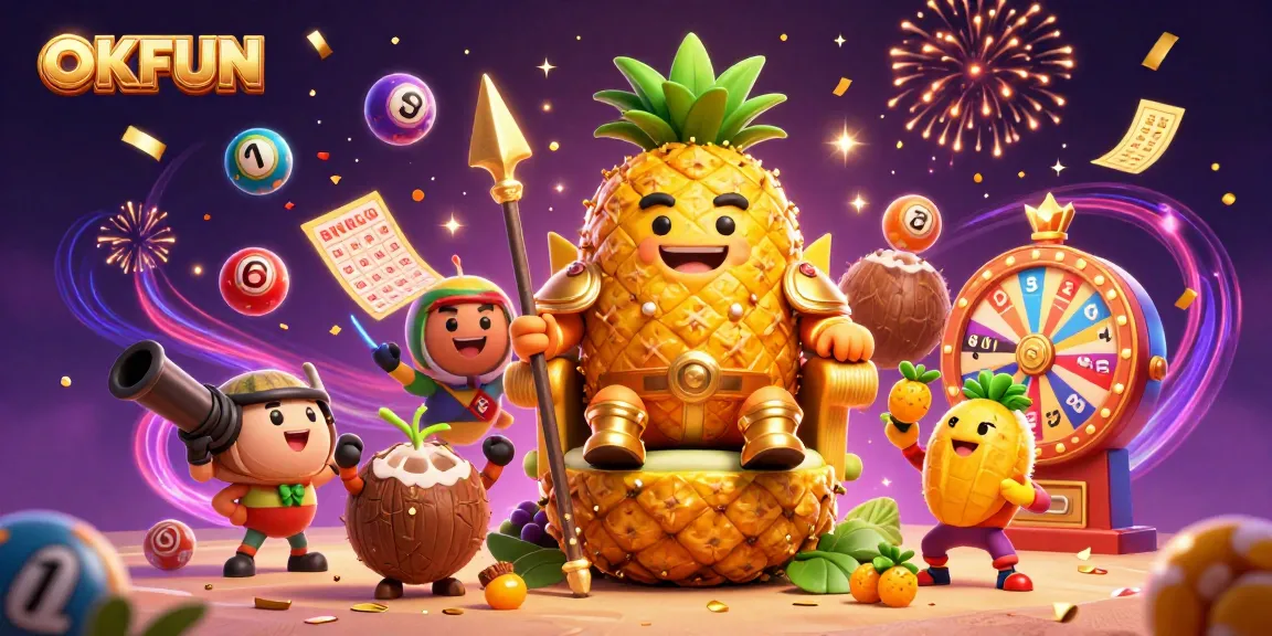 Experience exhilarating casino action with OKFUN's vibrant 3D party scene featuring dynamic games and colorful characters.