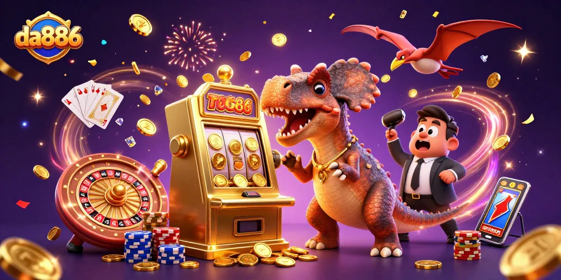 da886 jackpots with cartoon dinosaurs in lively casino scene showcasing excitement and winning