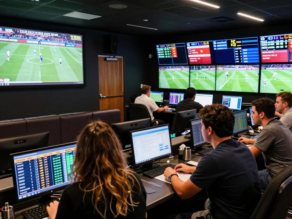 Engaged bettors analyzing odds at keonhacai5 sportsbook with vibrant screens.