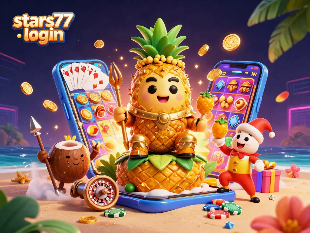 Login stars77 untuk bermain slot di kasino pantai dengan karakter ceria dan elemen perjudian yang menarik.