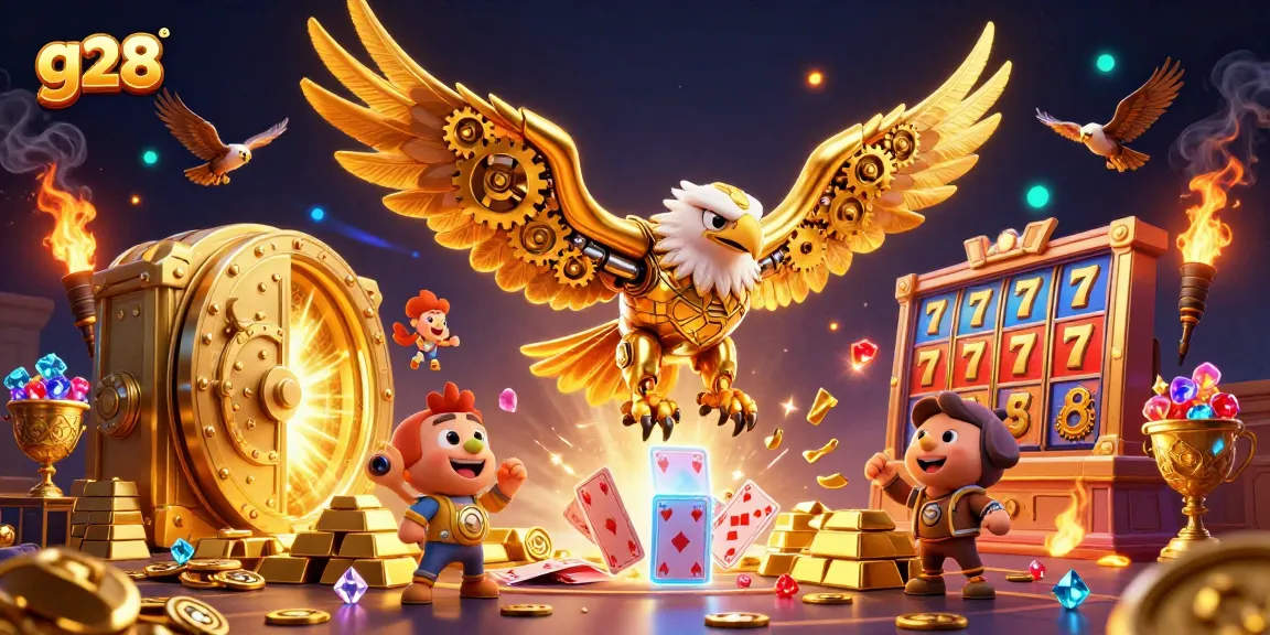 Experience the thrill of g28 slots with a cybernetic eagle soaring through holographic cards, capturing jackpots.