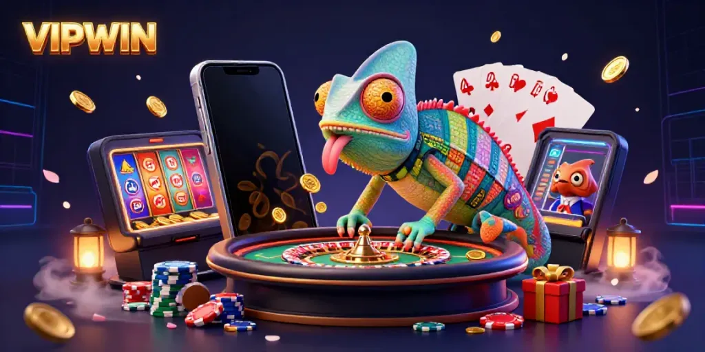 Engage with VIPWIN's colorful casino adventure featuring a dynamic 3D chameleon's exciting games.