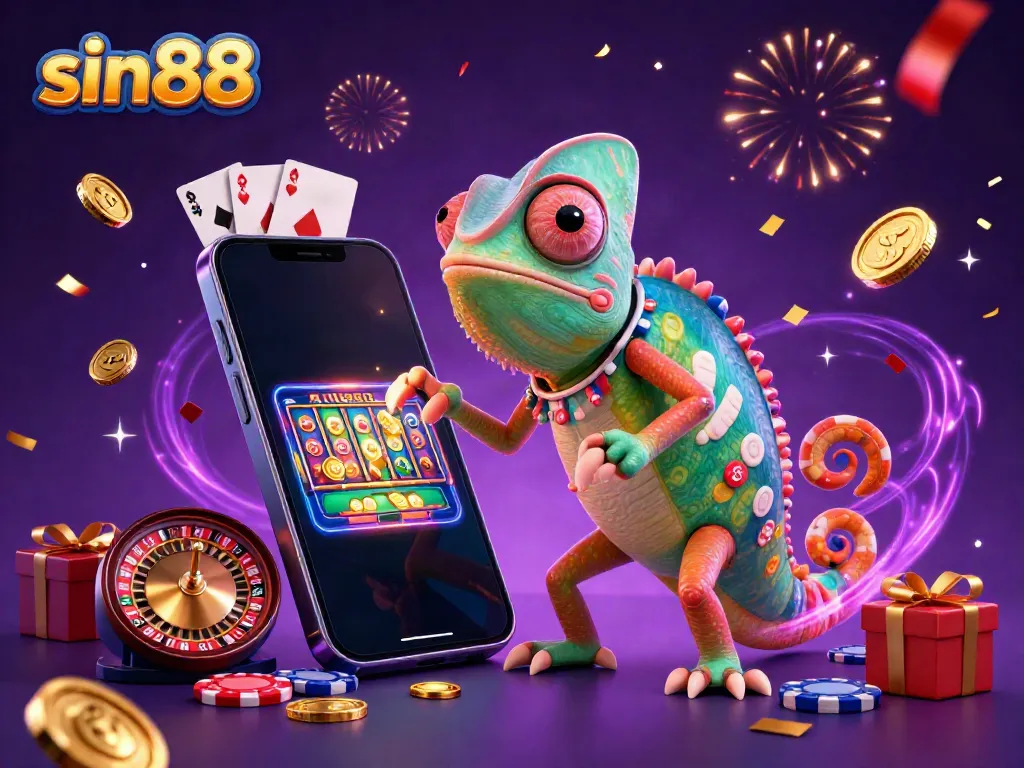 Engage with sin88’s vibrant online casino scene featuring a colorful chameleon and gaming elements.