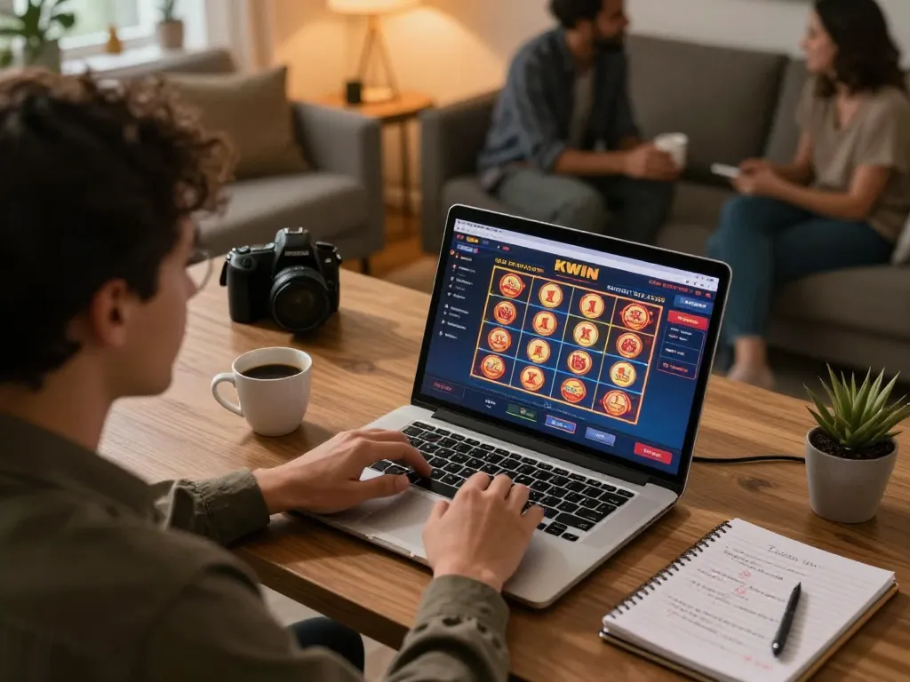 KWIN player engaging in online casino gaming while analyzing betting strategies at home