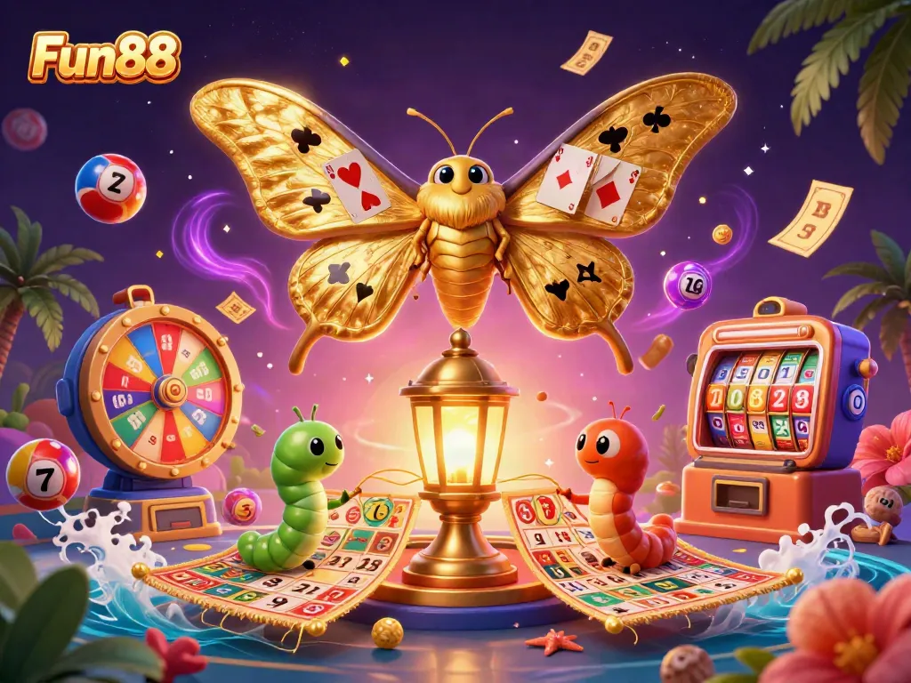 Experience Fun88's vibrant casino world with an immersive 3D illustration showcasing winning elements.