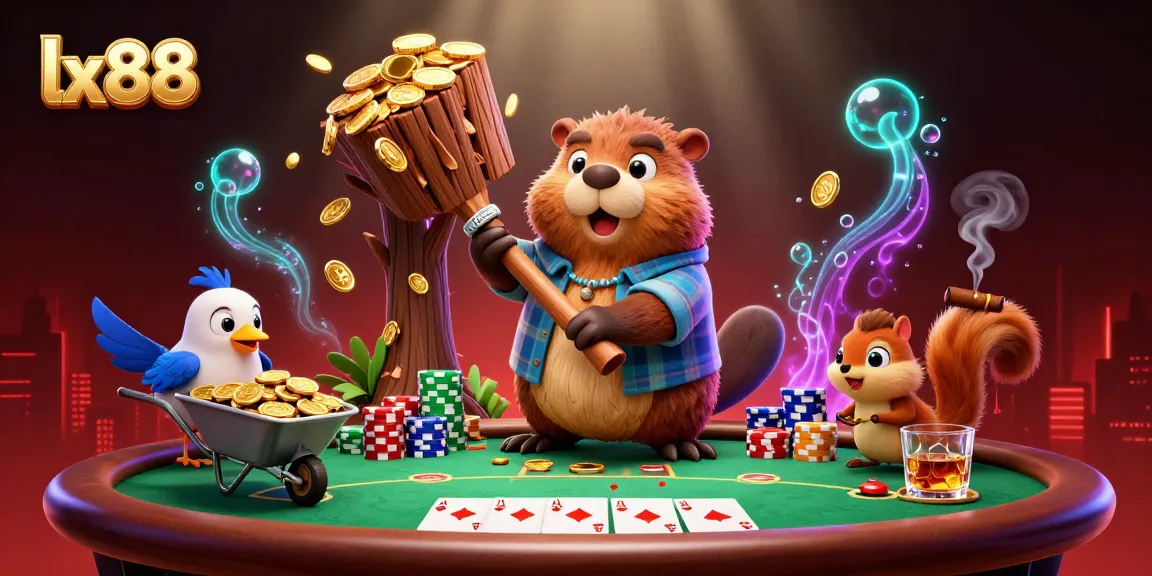 Experience the excitement of lx88 with a cartoon beaver and friends in a vibrant casino scene.