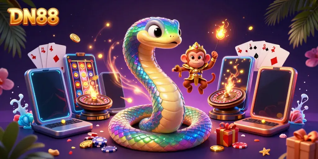 Experience the vibrant world of DN88 as colorful slot games spin and coins erupt in this energetic 3D casino illustration.