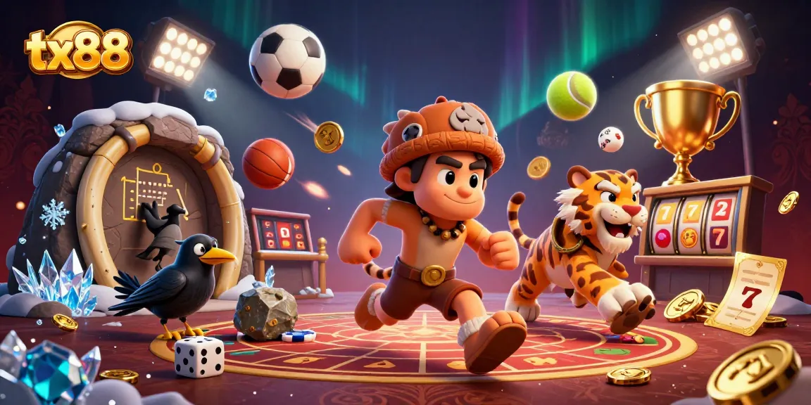 Experience the thrilling casino atmosphere of tx88 with a prehistoric twist, featuring animated characters and dynamic gaming elements.