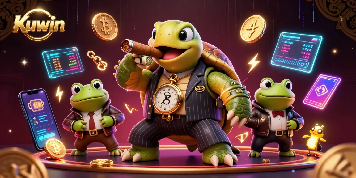 Kuwin showcases a lively casino scene with a snapping turtle and bullfrogs surrounded by glowing crypto elements.