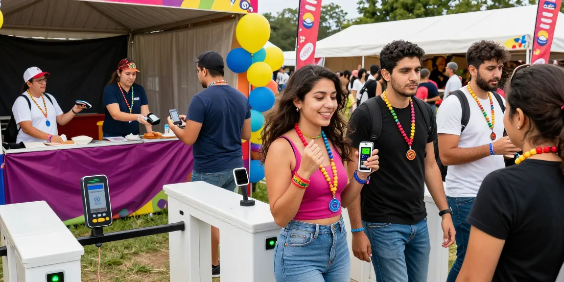Festival attendees using pulseras NFC para festivales for seamless access and cashless payments.