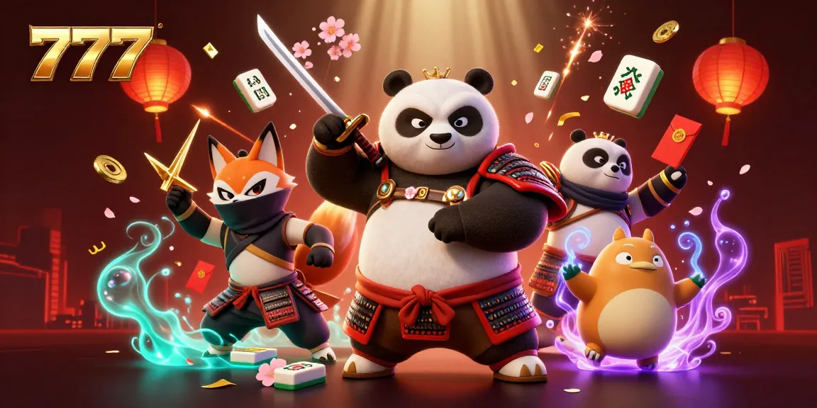 Engage with 777 in this vibrant scene featuring a samurai panda and ninja fox in a dynamic casino setting.
