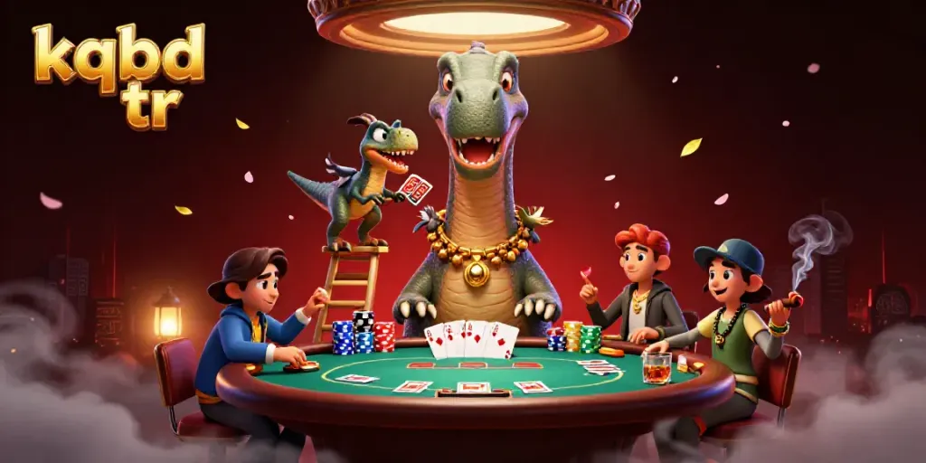 Engage with kqbd tr while a clever raptor deals cards below a towering brontosaurus in a vibrant casino setting.