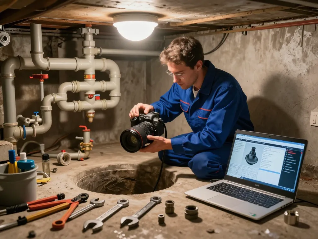 Technician conducting sewer and drain services inspection with camera equipment in organized basement.