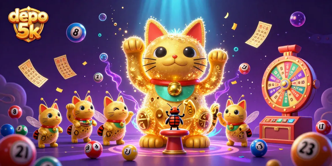 Experience the dynamic thrill of depo 5k with vibrant casino elements and a giant lucky cat illustration.
