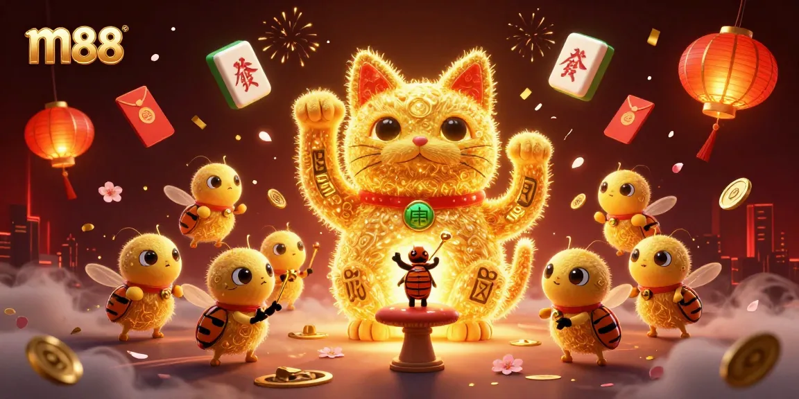 Experience the thrill of m88 betting with our dynamic lucky cat and vibrant casino symbols!