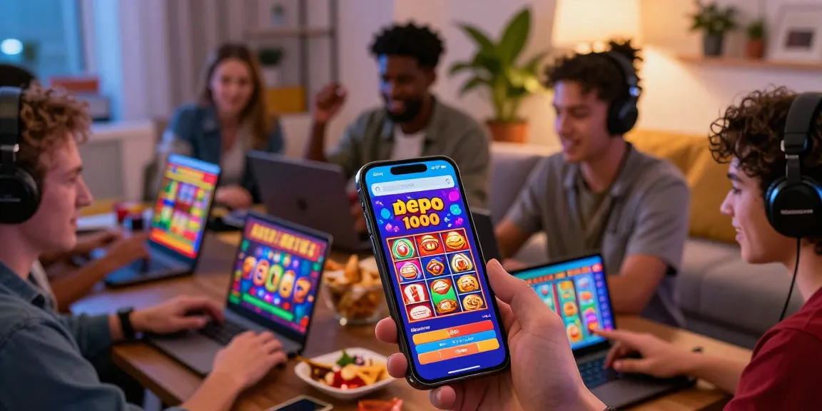 Players enjoying slot depo 1000 games on their devices in a lively home environment