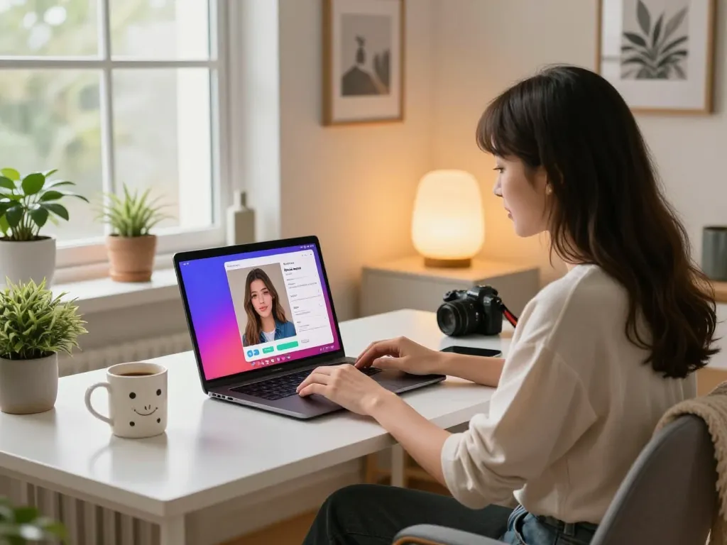 A woman interacting with her AI gf in a cozy home office, showcasing a modern virtual dating experience.