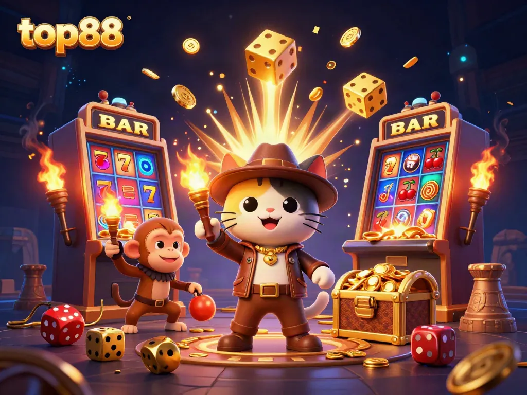 Spin the reels and win big with top88's thrilling casino adventure illustration filled with gold and fun!